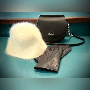 Black leather purse, Wilson Black Leather Gloves and Cream angora Hat Set